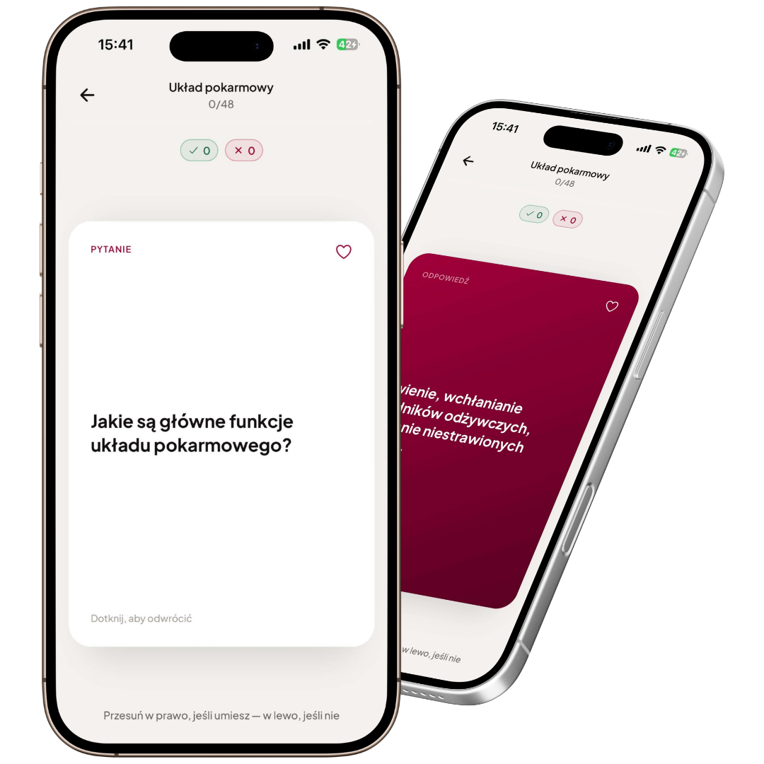 Fiszki w aplikacji Deeply edu na dwoch telefonach — pytanie i odpowiedz