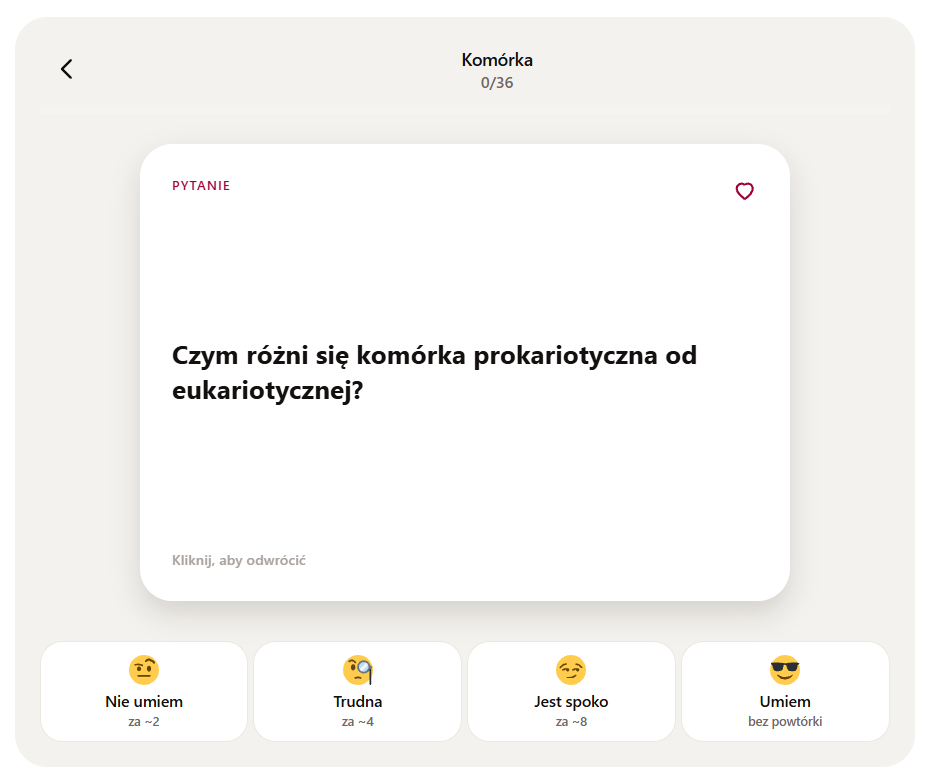 Tryb Nauka — karta z pytaniem i cztery oceny znajomosci: Nie umiem, Trudna, Jest spoko, Umiem