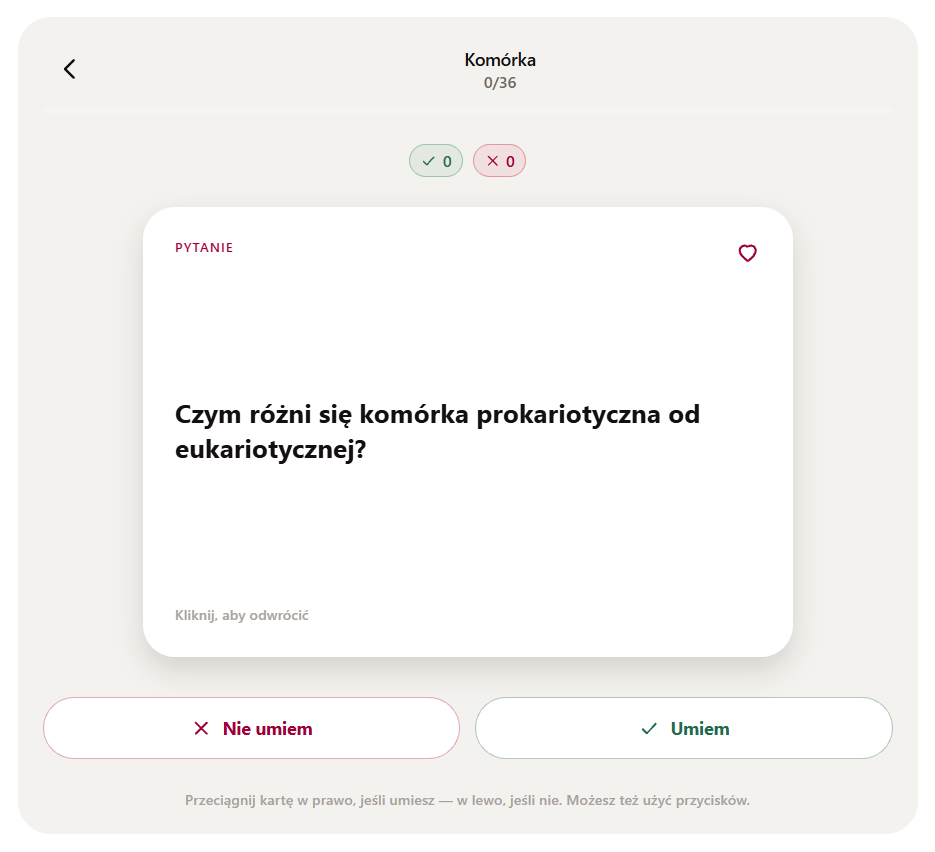 Tryb Fiszki — karta z pytaniem, licznik umiem/nie umiem i przyciski do przesuwania