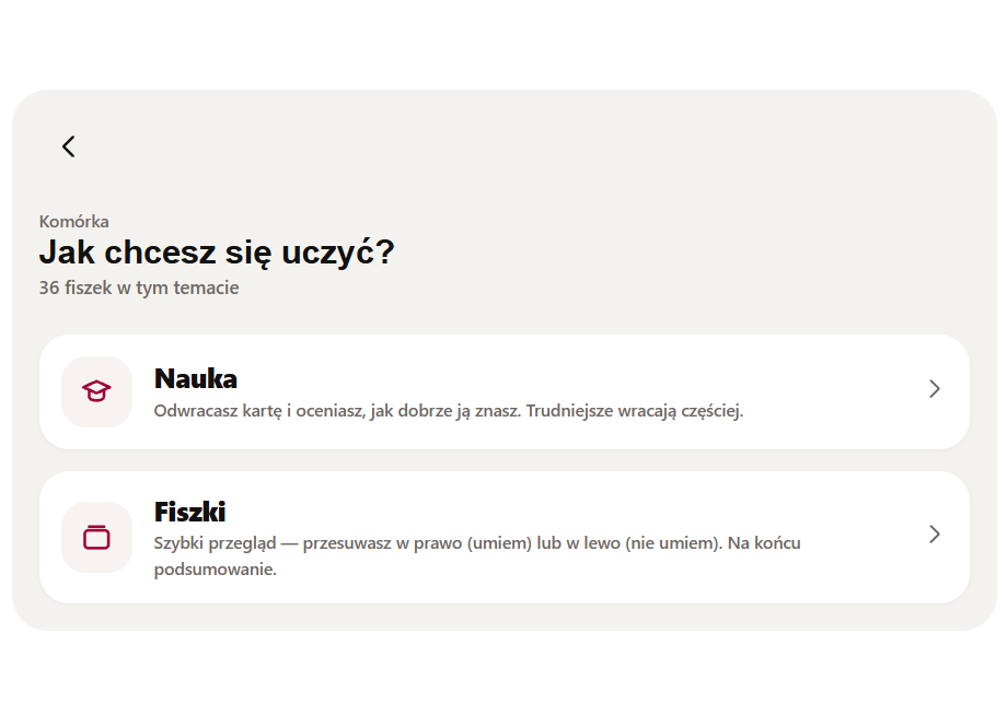 Ekran wyboru trybu — pytanie Jak chcesz sie uczyc i dwie opcje: Nauka albo Fiszki
